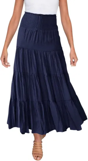 High Waisted Maxi Skirts for Women Trendy Smocked Ruffled Tiered Flowy Linen Skirt Summer Casual Boho Long Skorts