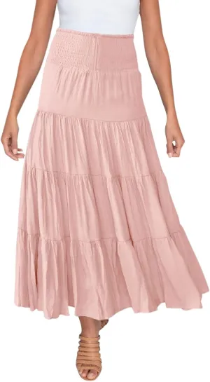 High Waisted Maxi Skirts for Women Trendy Smocked Ruffled Tiered Flowy Linen Skirt Summer Casual Boho Long Skorts