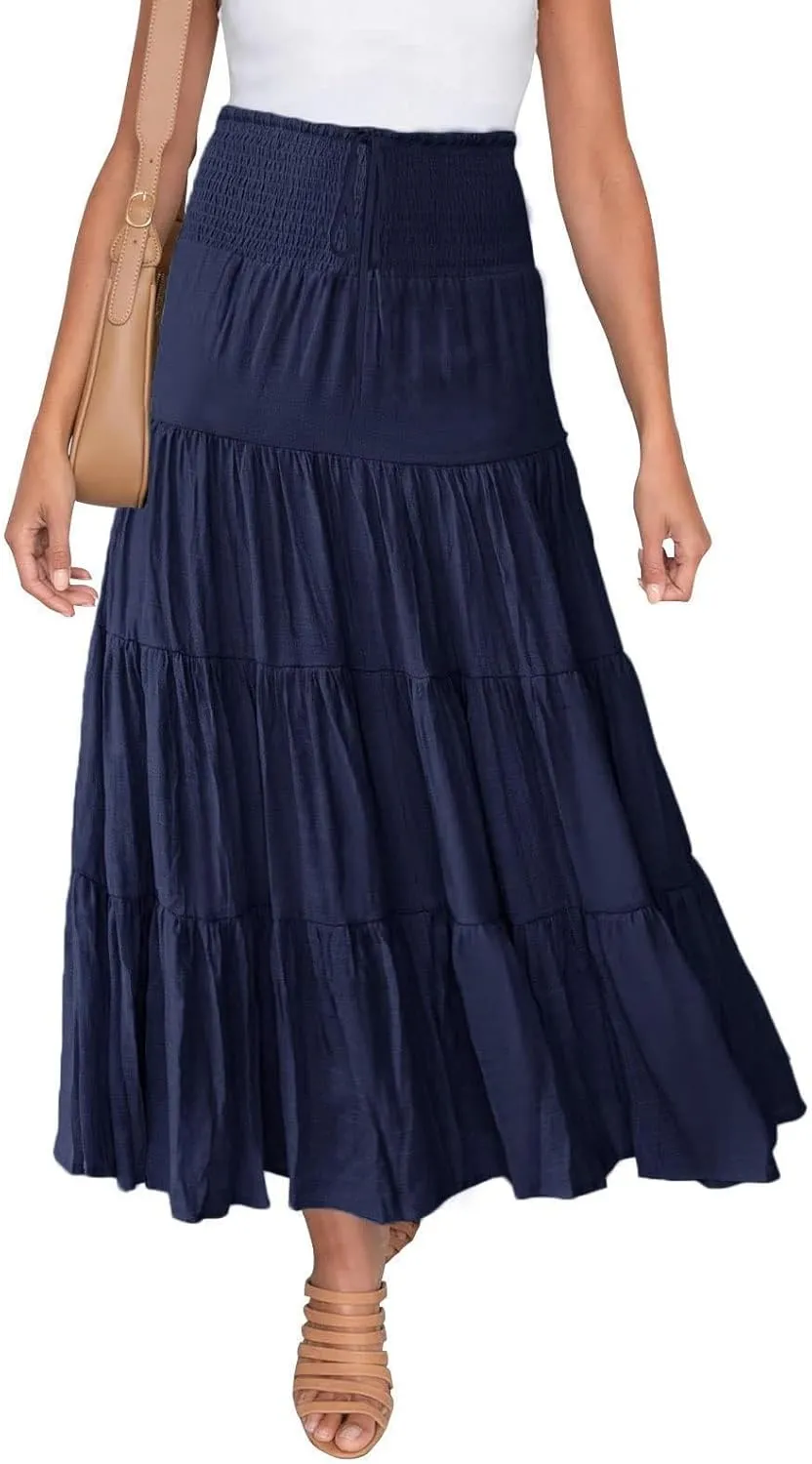 High Waisted Maxi Skirts for Women Trendy Smocked Ruffled Tiered Flowy Linen Skirt Summer Casual Boho Long Skorts