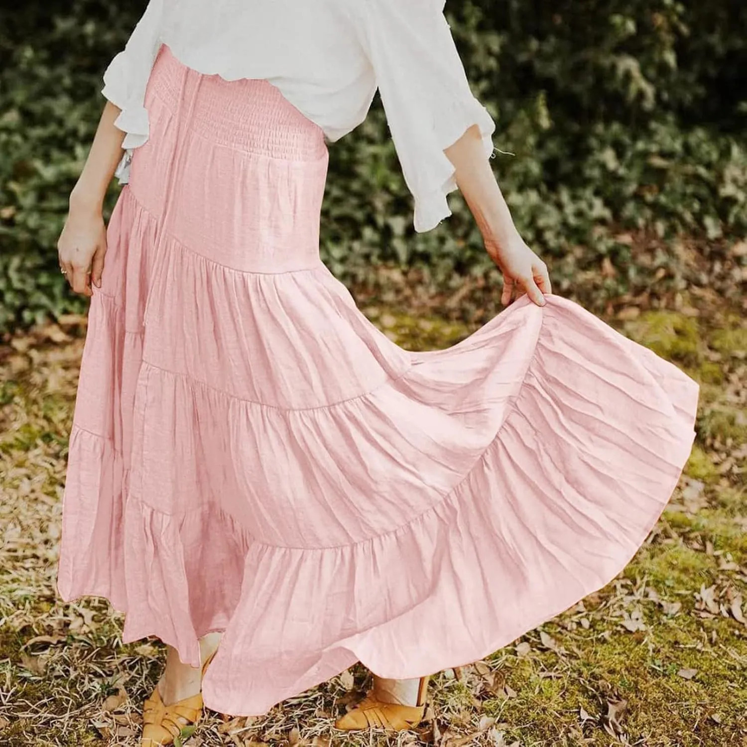 High Waisted Maxi Skirts for Women Trendy Smocked Ruffled Tiered Flowy Linen Skirt Summer Casual Boho Long Skorts