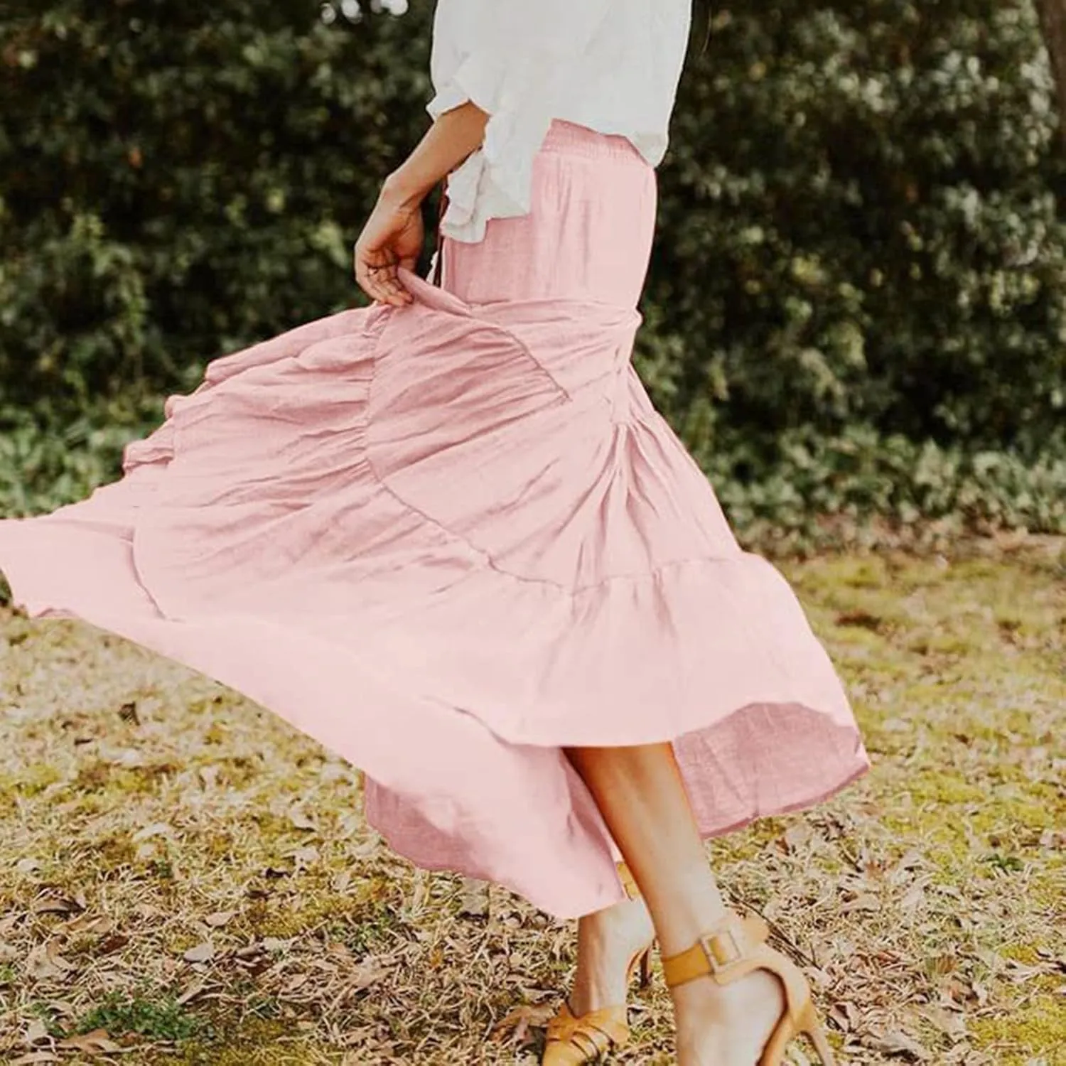 High Waisted Maxi Skirts for Women Trendy Smocked Ruffled Tiered Flowy Linen Skirt Summer Casual Boho Long Skorts