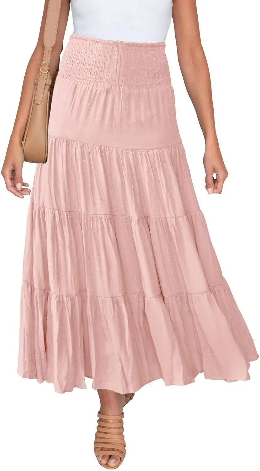 High Waisted Maxi Skirts for Women Trendy Smocked Ruffled Tiered Flowy Linen Skirt Summer Casual Boho Long Skorts