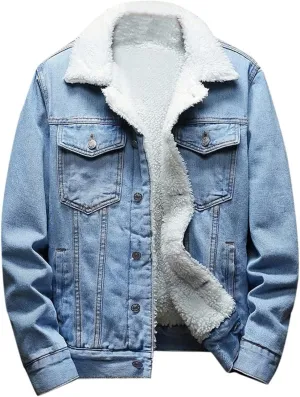 hlysgo Men's Lapel Sherpa Fleece Lined Thicken Denim Jean Trucker Jacket Coats Long Sleeve Slim Fit Casual Jean Jacket