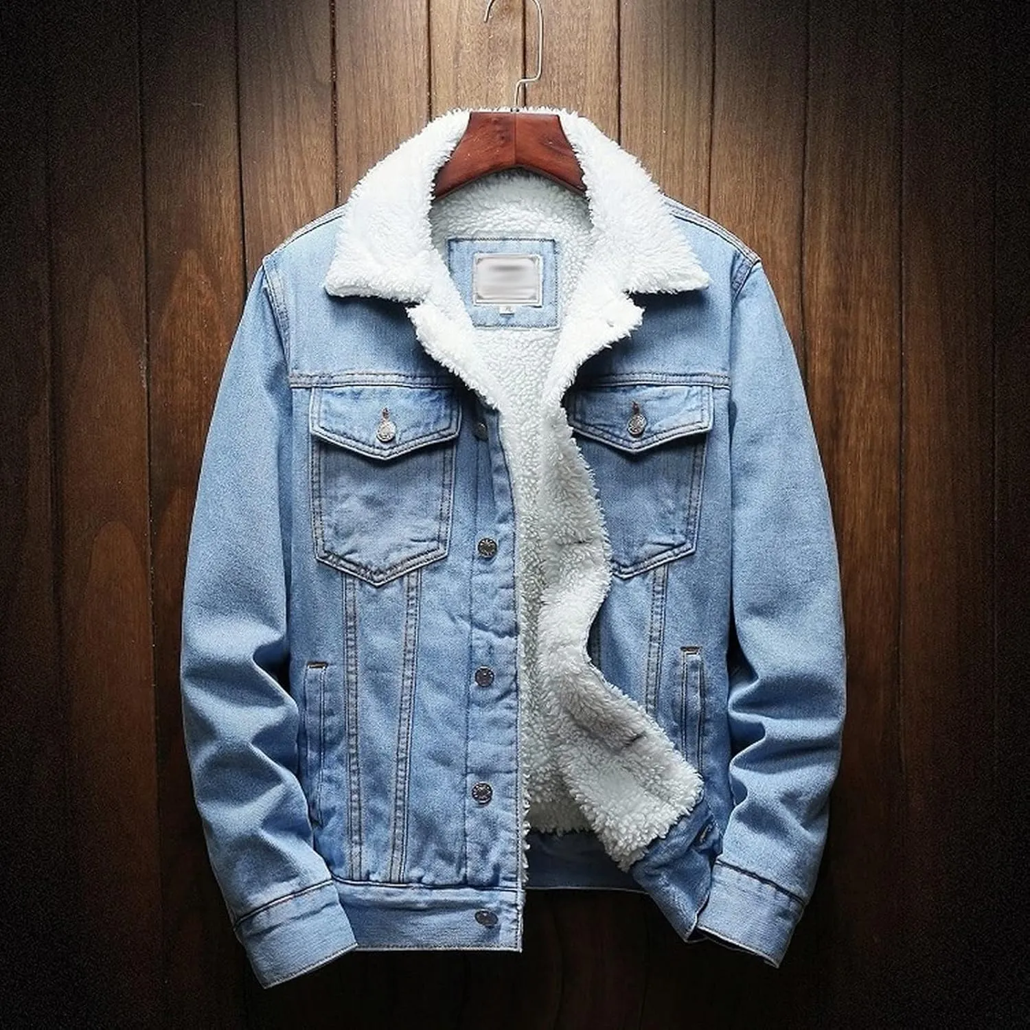 hlysgo Men's Lapel Sherpa Fleece Lined Thicken Denim Jean Trucker Jacket Coats Long Sleeve Slim Fit Casual Jean Jacket