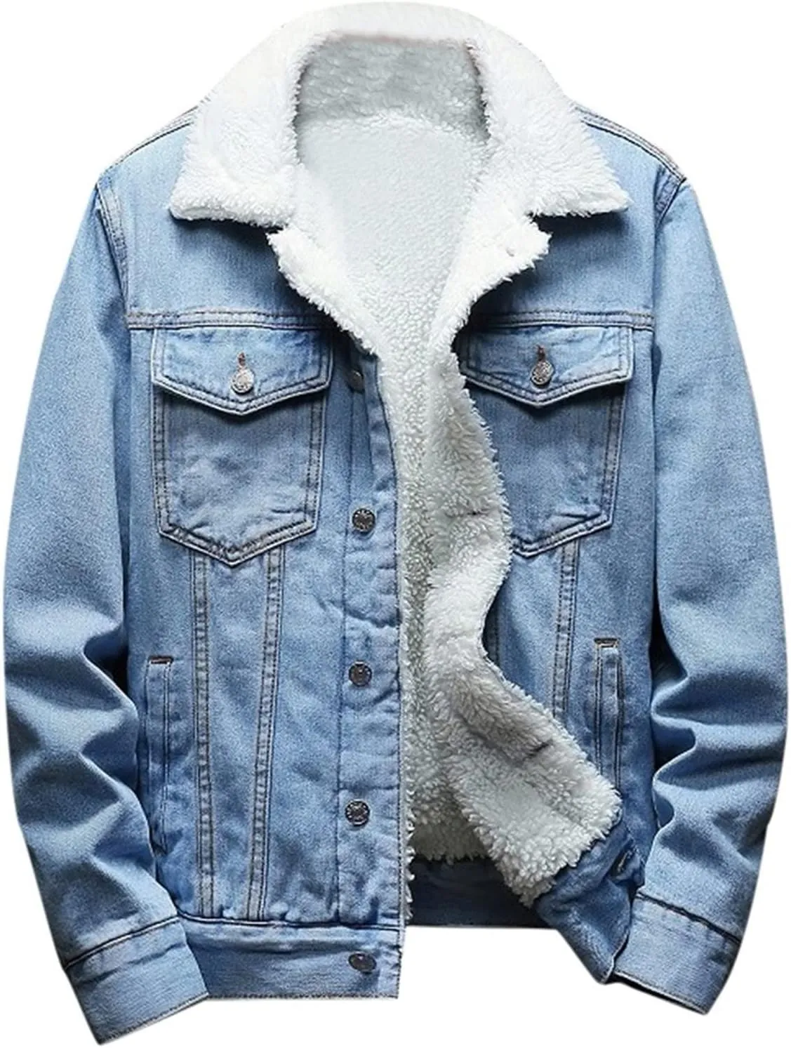hlysgo Men's Lapel Sherpa Fleece Lined Thicken Denim Jean Trucker Jacket Coats Long Sleeve Slim Fit Casual Jean Jacket