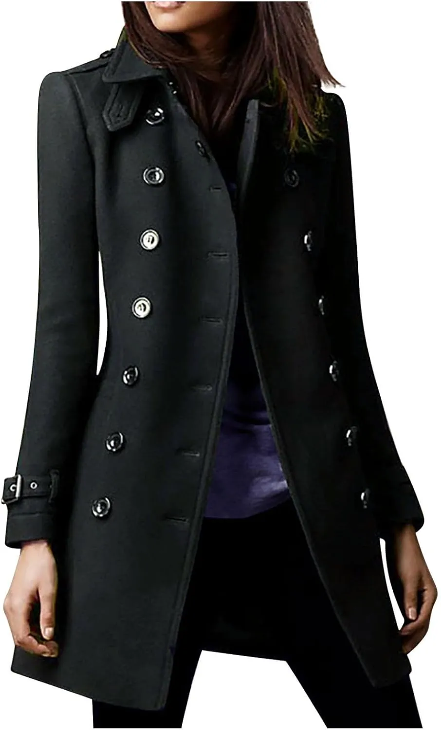 hlysgo Women Winter Mid-Length Trench Coat Double-Breasted Collar Jacket Outwear Fashion Wool Blend Button Down Overcoat