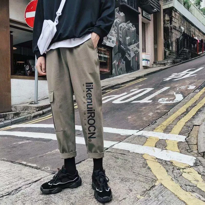 Hong Kong Korean Trendy CHIC Pants Men Japanese Loose Pocket Cargo Pants Jogger Casual Pants