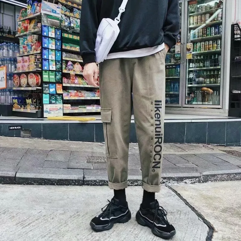 Hong Kong Korean Trendy CHIC Pants Men Japanese Loose Pocket Cargo Pants Jogger Casual Pants