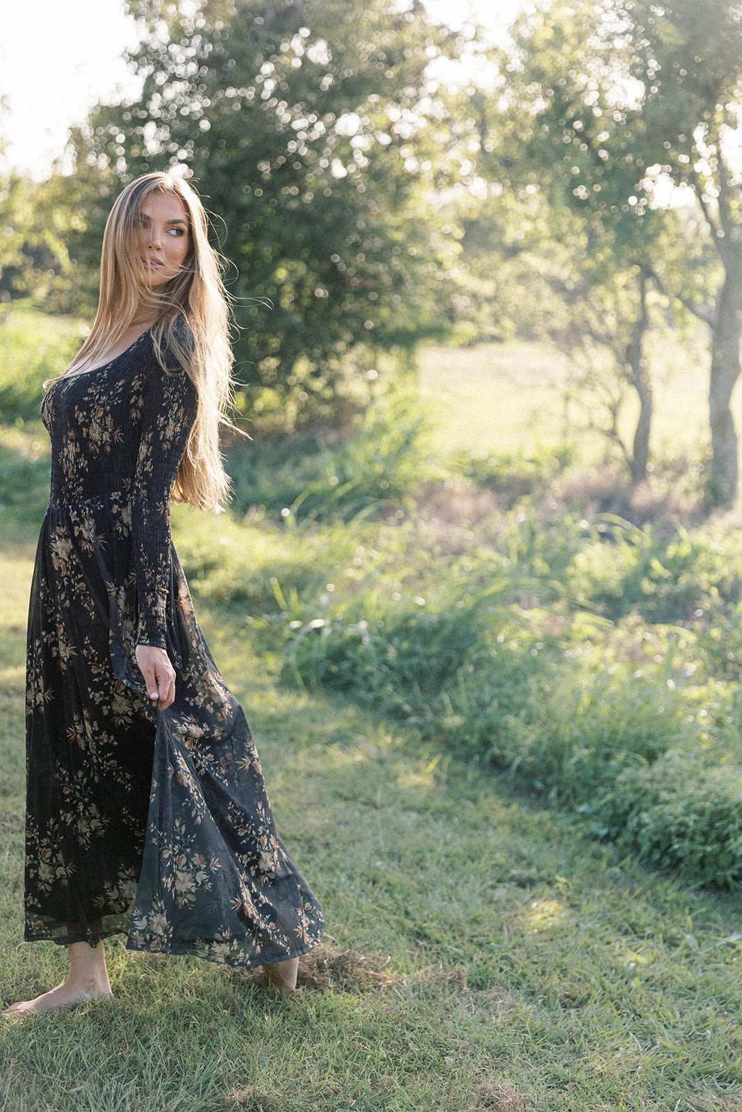 Honor Floral Smocked Woven Maxi Dress in Black - Bump Friendly