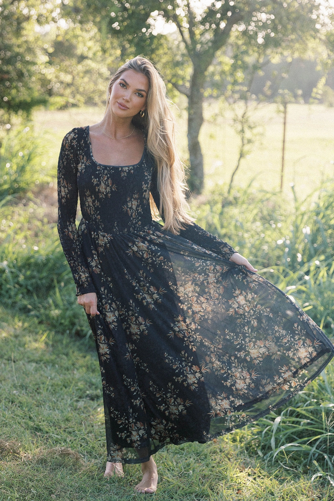 Honor Floral Smocked Woven Maxi Dress in Black - Bump Friendly