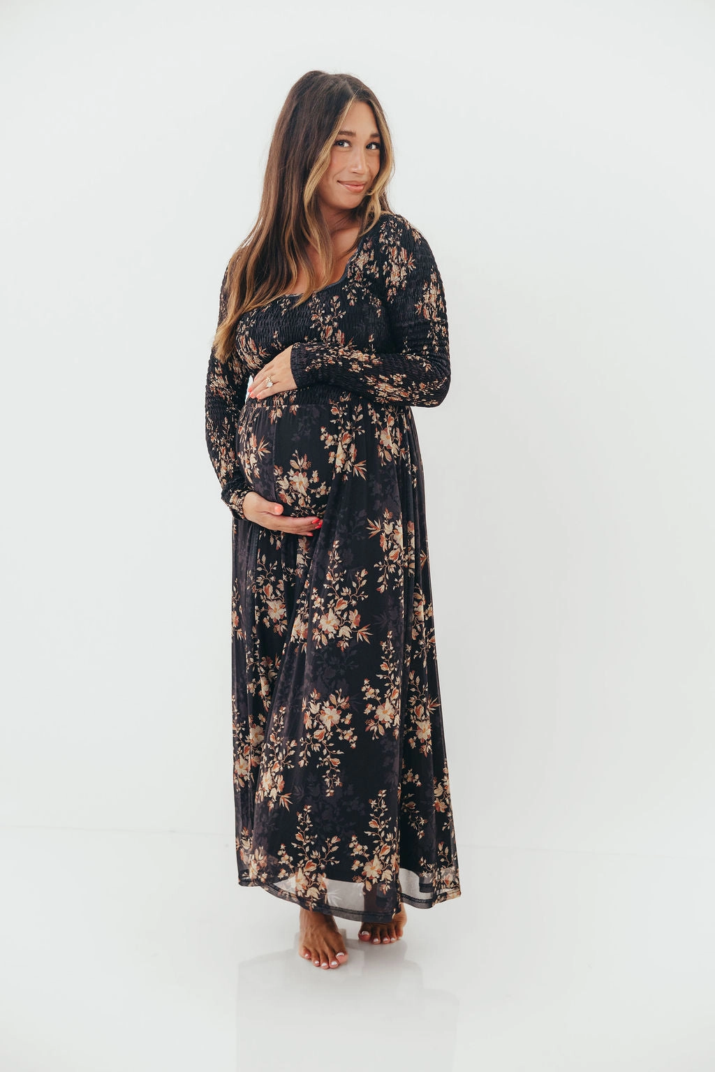 Honor Floral Smocked Woven Maxi Dress in Black - Bump Friendly