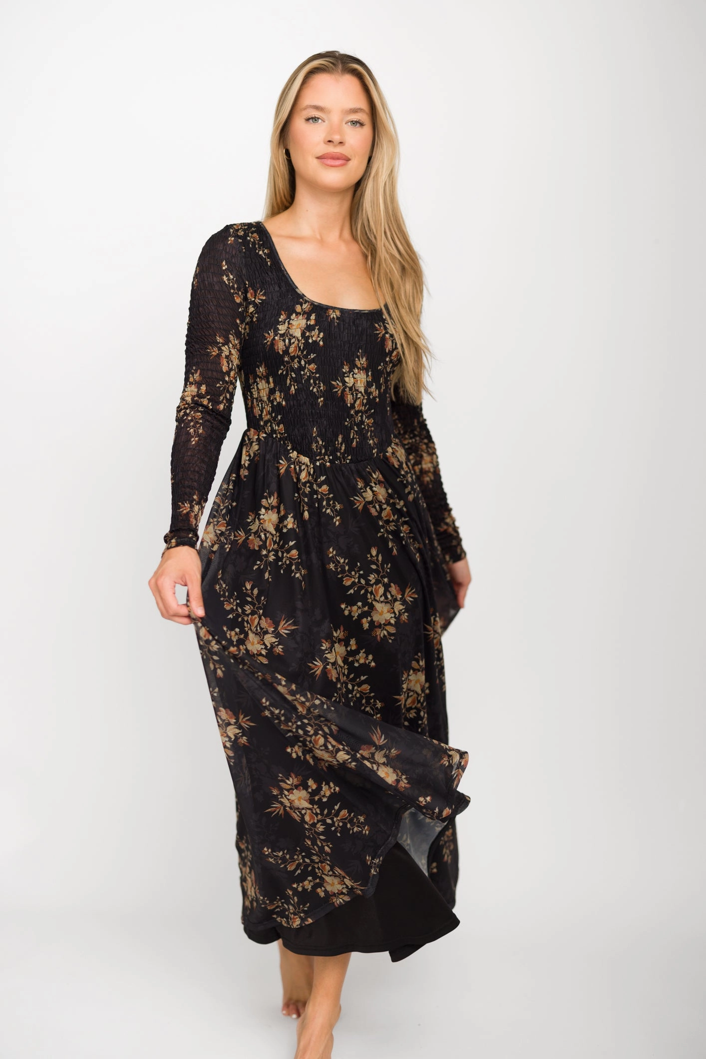 Honor Floral Smocked Woven Maxi Dress in Black - Bump Friendly