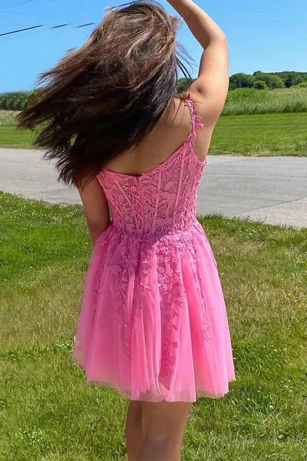 Hot Pink Tulle A Line Sweetheart Lace Appliques Short Homecoming Dresses, SH606