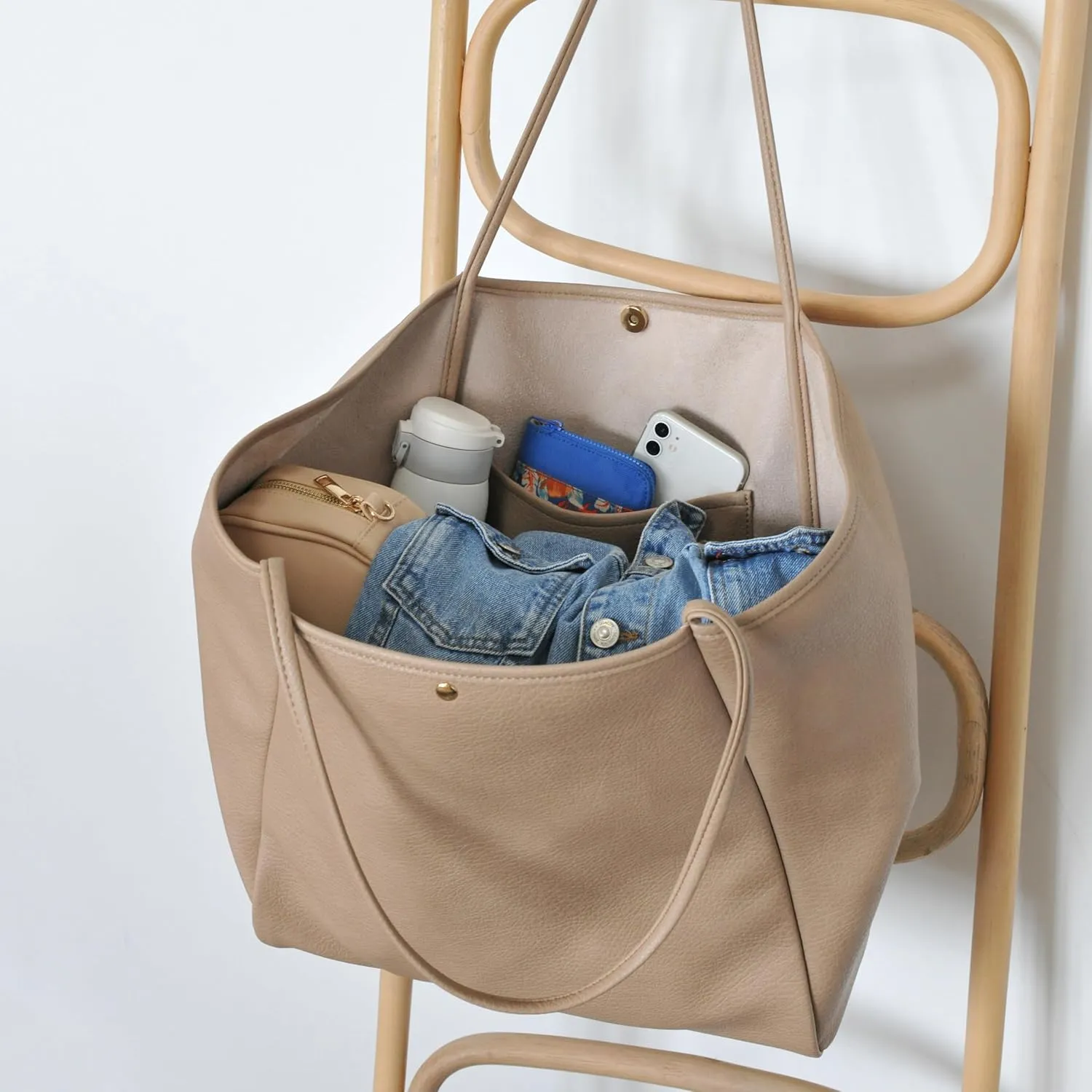 HOXIS Oversize Vegan Leather Tote Women Weekender Bag Shopper Handbag Travel Purse