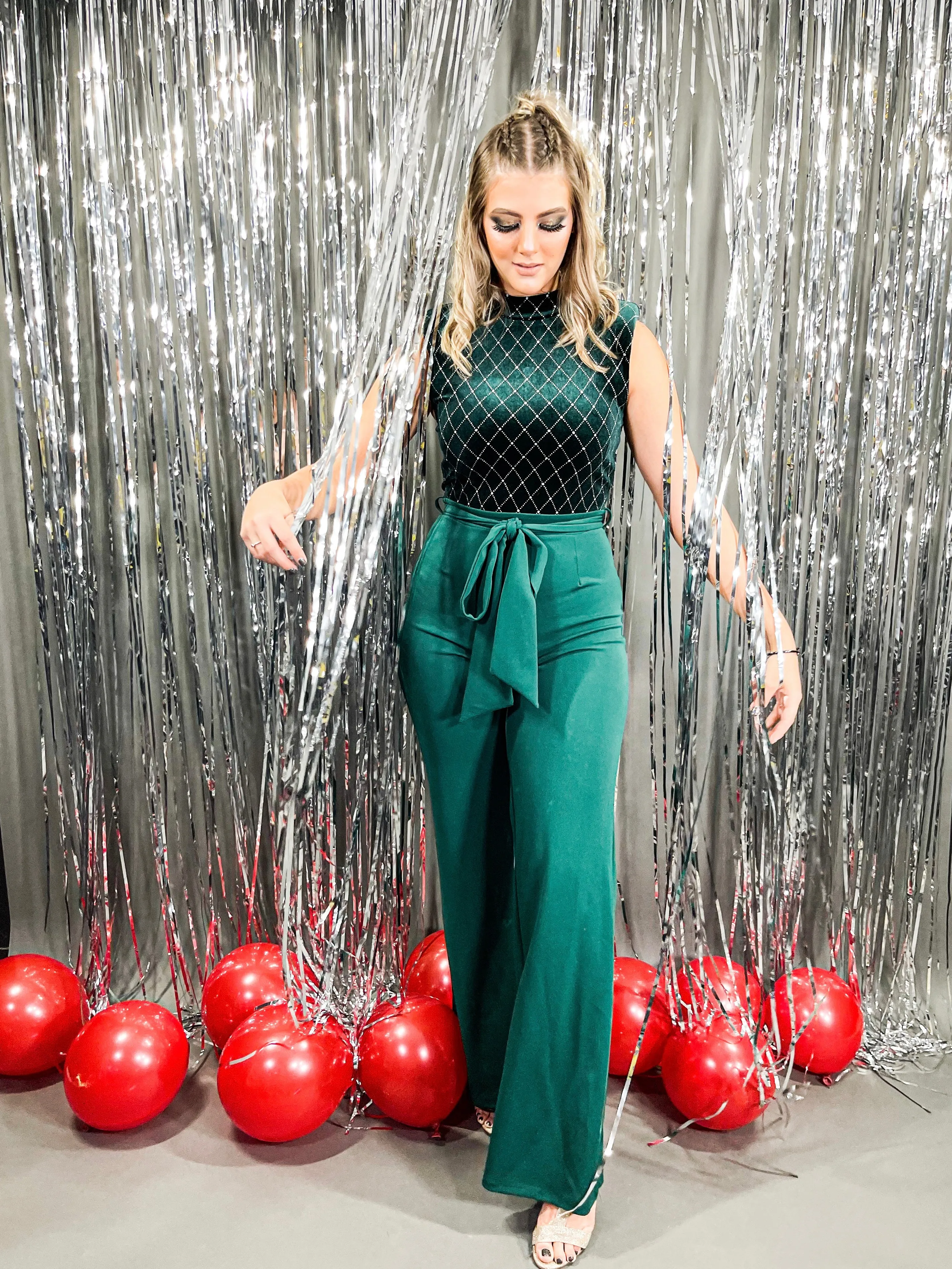 HUNTER GREEN VELVET PRINT TOP JUMPSUIT