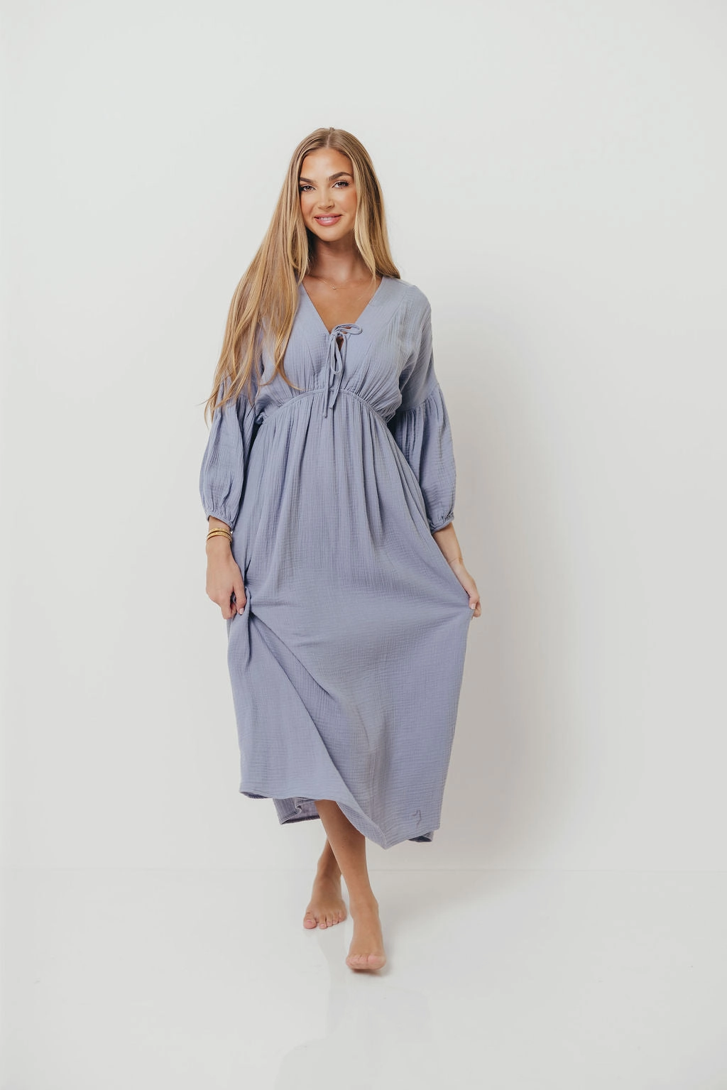 Hunter 100% Cotton Gauze Midi Dress in Blue - Bump Friendly