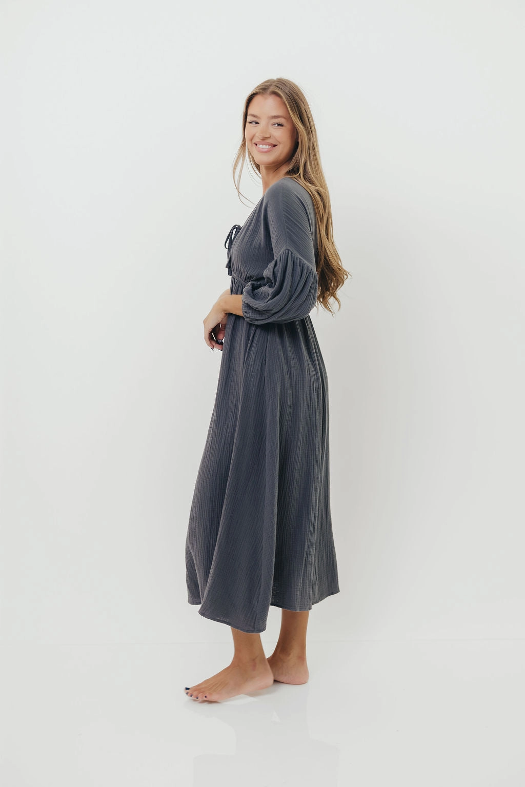 Hunter 100% Cotton Gauze Midi Dress in Dusty Navy - Bump Friendly