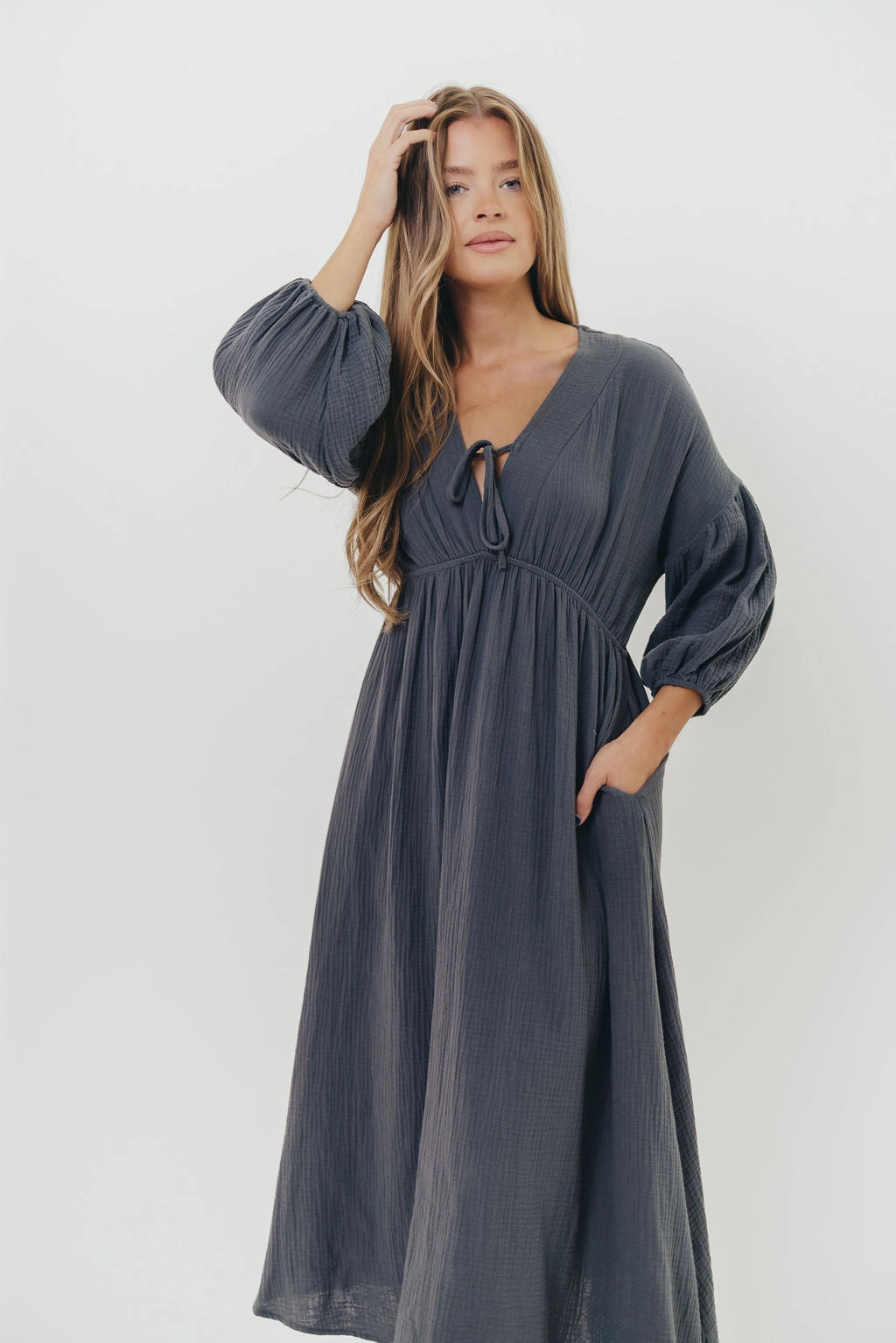 Hunter 100% Cotton Gauze Midi Dress in Dusty Navy - Bump Friendly