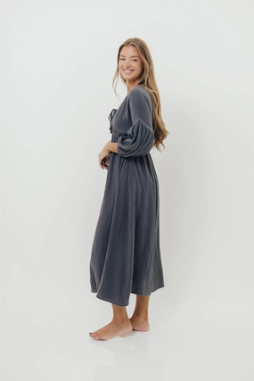 Hunter 100% Cotton Gauze Midi Dress in Dusty Navy - Bump Friendly Hunter 100% Cotton Gauze Midi Dress in Dusty Navy - Bump Friendly