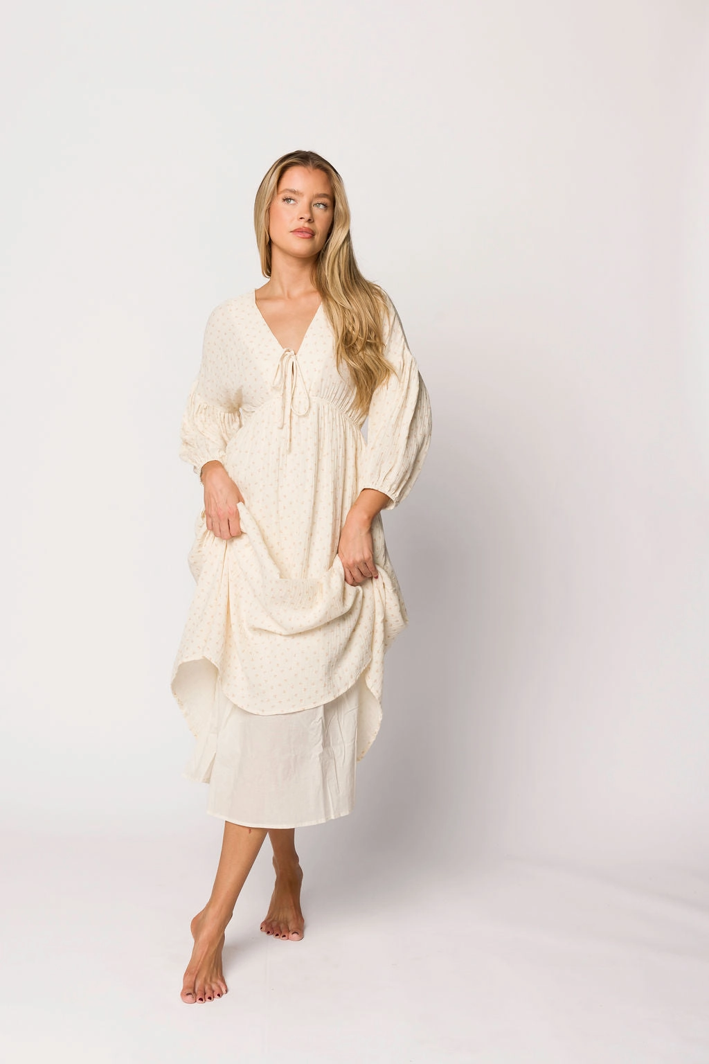 Hunter 100% Cotton Gauze Midi Dress in Natural/Brown Floral Bump Friendly (Fully Lined)