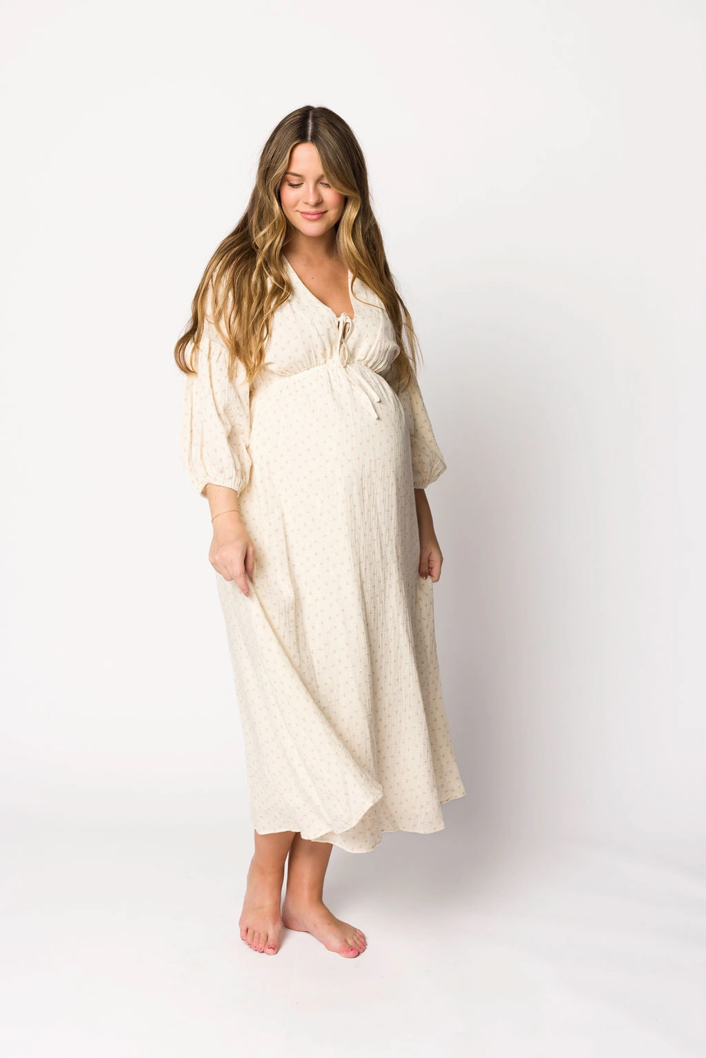 Hunter 100% Cotton Gauze Midi Dress in Natural/Brown Floral Bump Friendly (Fully Lined)