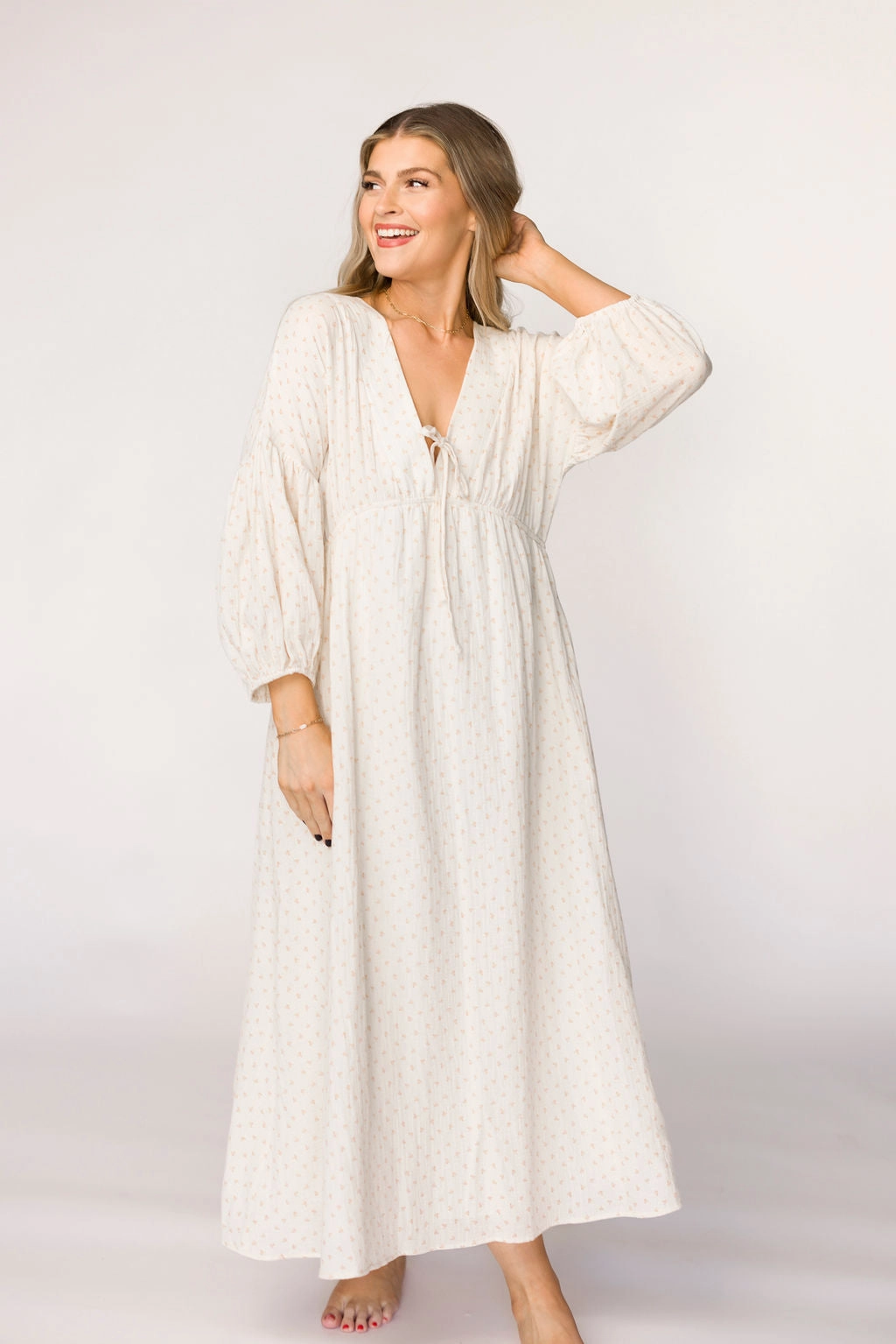 Hunter 100% Cotton Gauze Midi Dress in Natural/Brown Floral Bump Friendly (Fully Lined)