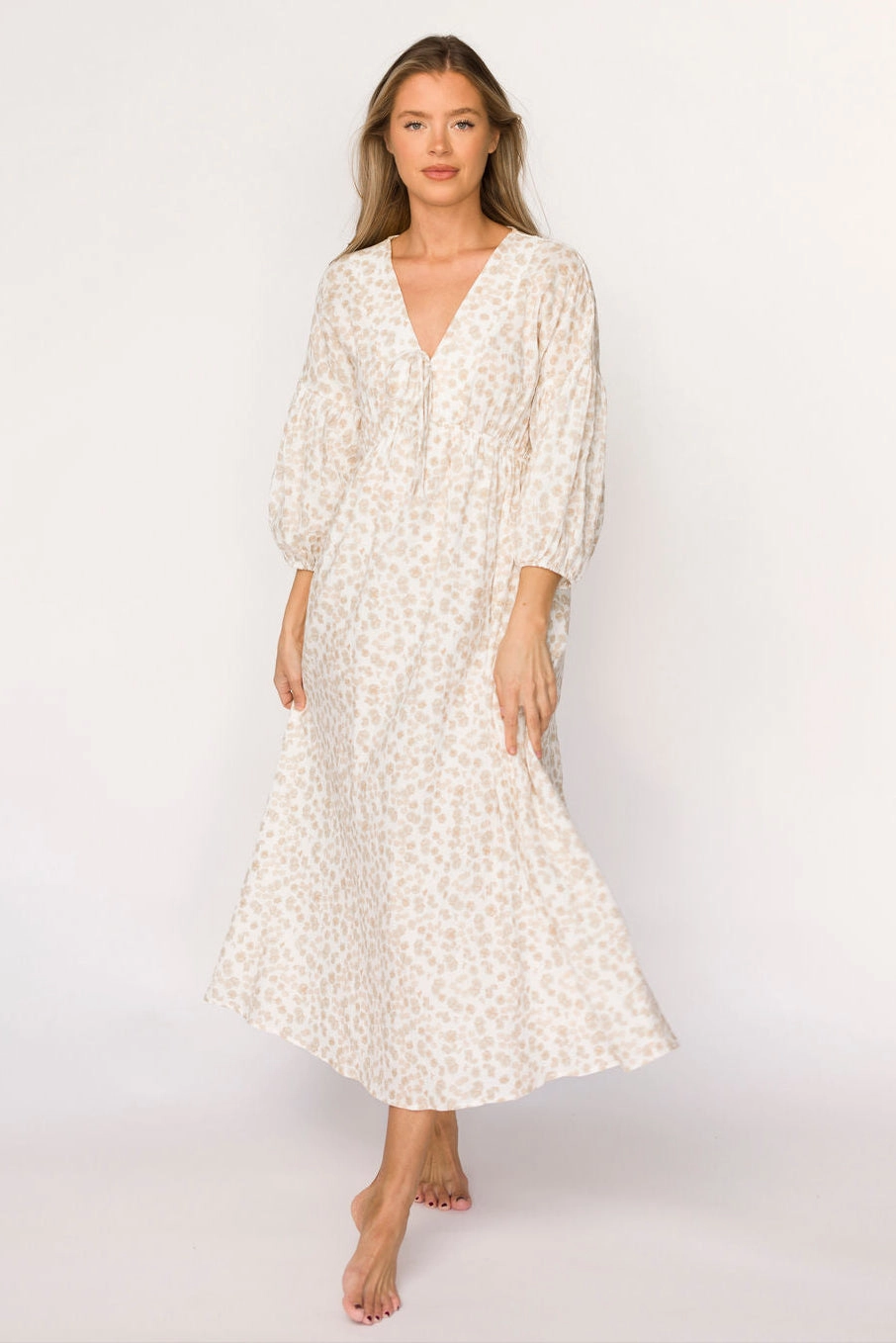 Hunter 100% Cotton Gauze Midi Dress in Natural/Fawn Floral - Bump Friendly