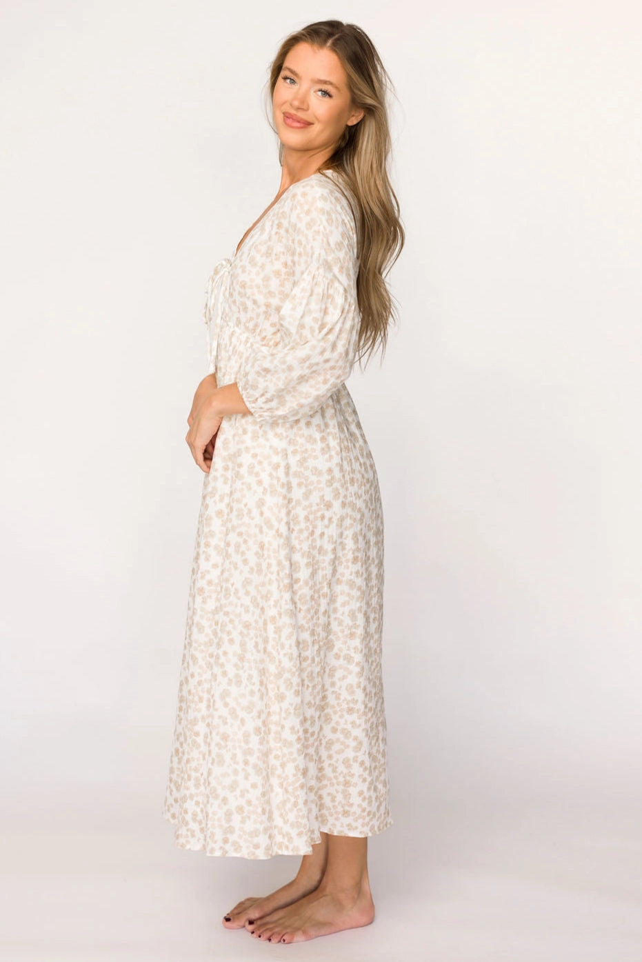 Hunter 100% Cotton Gauze Midi Dress in Natural/Fawn Floral - Bump Friendly