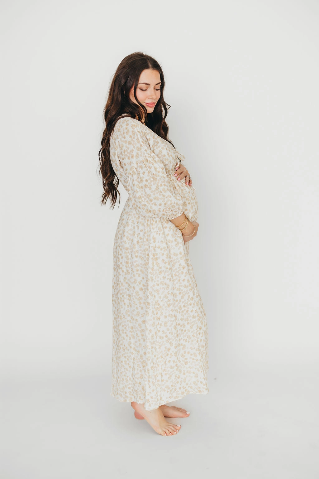 Hunter 100% Cotton Gauze Midi Dress in Natural/Fawn Floral - Bump Friendly