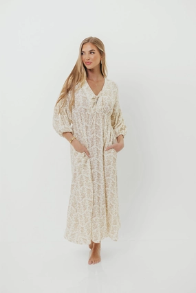 Hunter 100% Cotton Gauze Midi Dress in Natural/Tan Floral - Bump Friendly Hunter 100% Cotton Gauze Midi Dress in Natural/Tan Floral - Bump Friendly