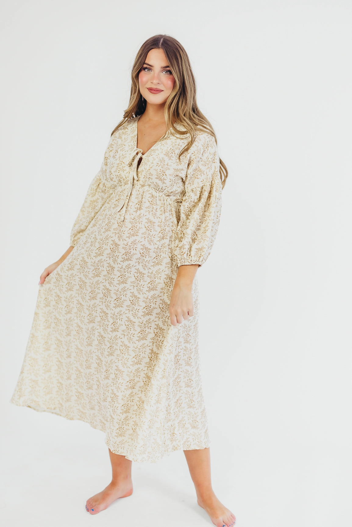 Hunter 100% Cotton Gauze Midi Dress in Natural/Tan Floral - Bump Friendly