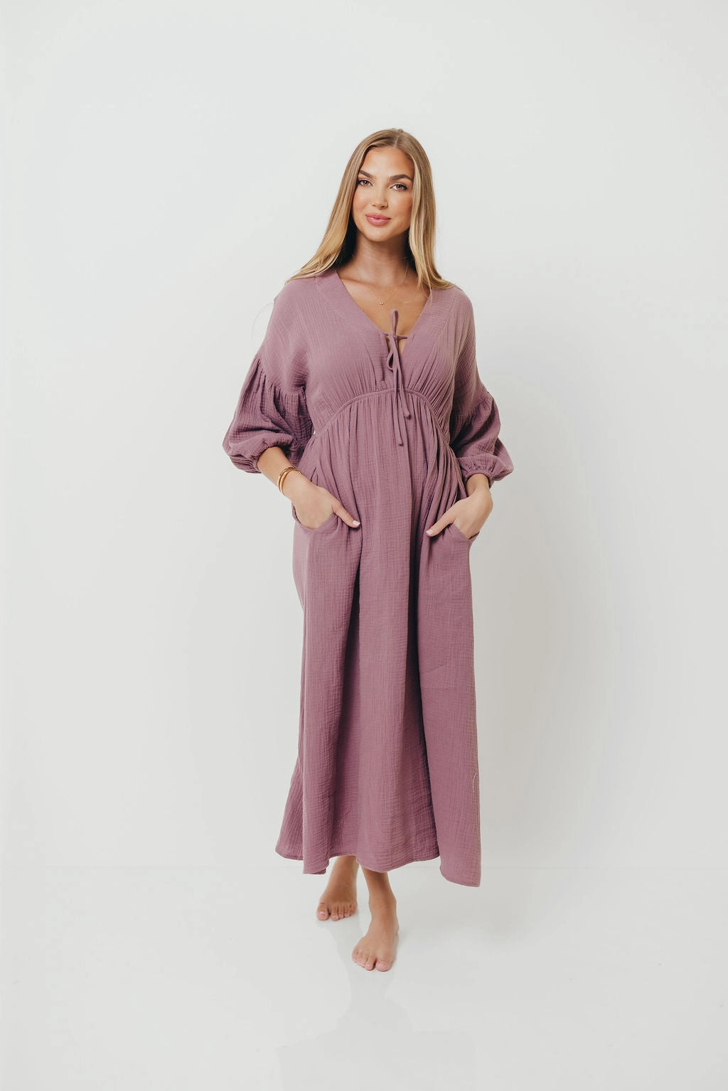 Hunter 100% Cotton Gauze Midi Dress in Smoky Plum - Bump Friendly
