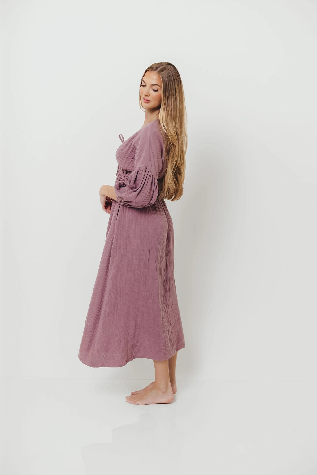 Hunter 100% Cotton Gauze Midi Dress in Smoky Plum - Bump Friendly