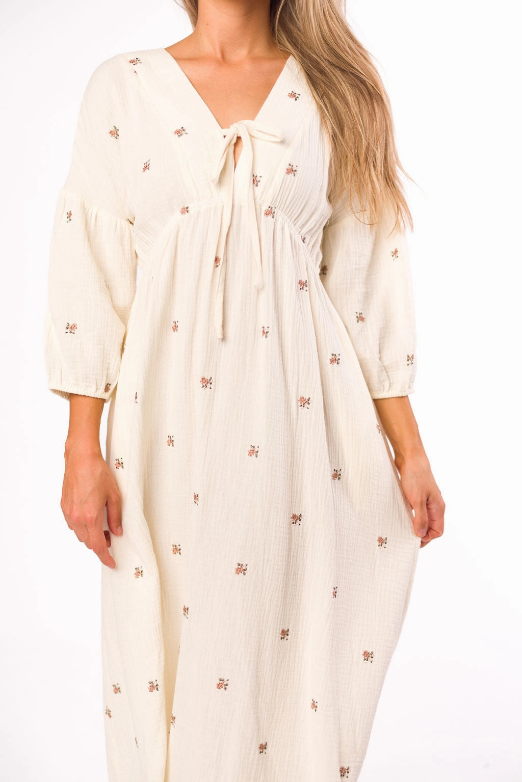 Hunter 100% Cotton Gauze Midi Dress in Soy/Pink Floral - Bump Friendly