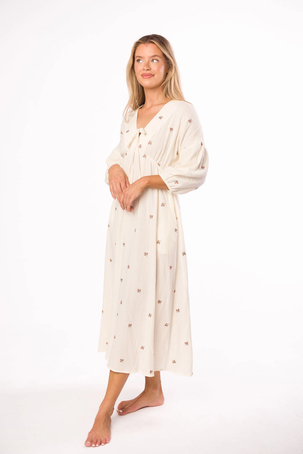 Hunter 100% Cotton Gauze Midi Dress in Soy/Pink Floral - Bump Friendly