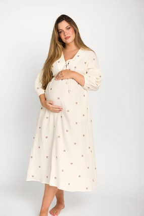 Hunter 100% Cotton Gauze Midi Dress in Soy/Pink Floral - Bump Friendly Hunter 100% Cotton Gauze Midi Dress in Soy/Pink Floral - Bump Friendly