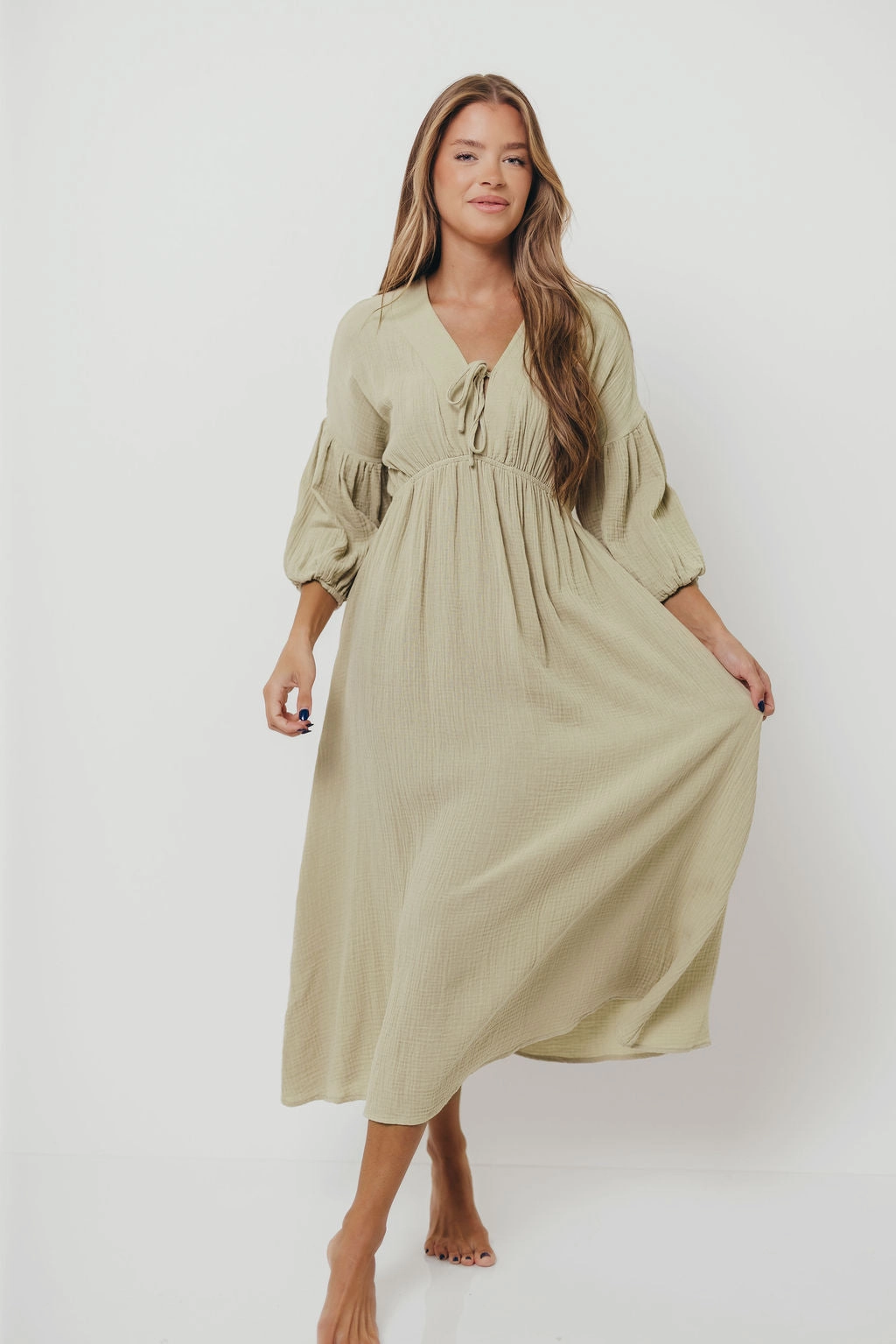 Hunter 100% Cotton Gauze Midi Dress in Thyme - Bump Friendly and Inclusive Sizing *9/22 PRE-ORDER*