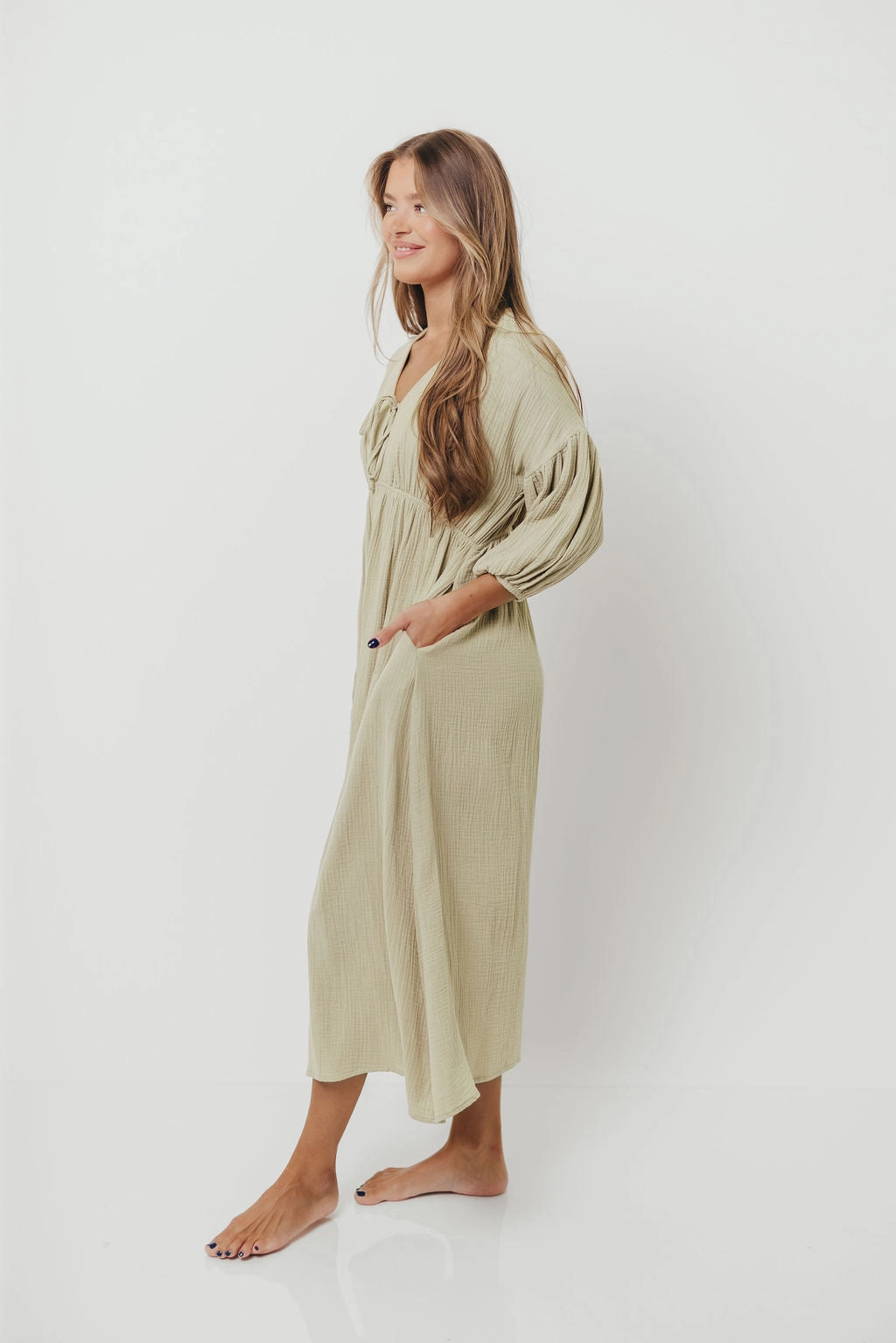 Hunter 100% Cotton Gauze Midi Dress in Thyme - Bump Friendly and Inclusive Sizing *9/22 PRE-ORDER*