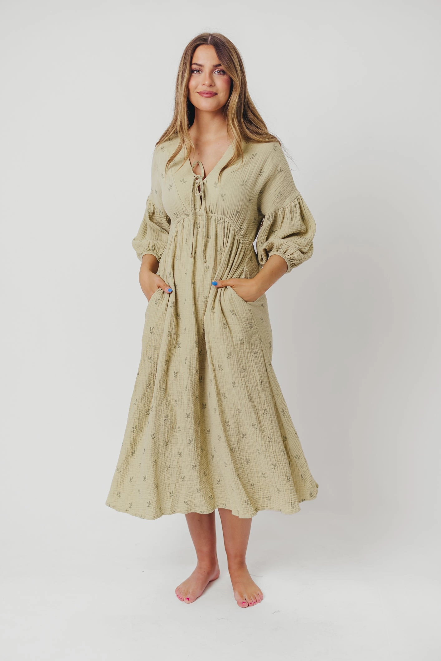Hunter 100% Cotton Gauze Midi Dress in Thyme/Sage Foliage - Bump Friendly & Inclusive Sizing (XS-3XL)