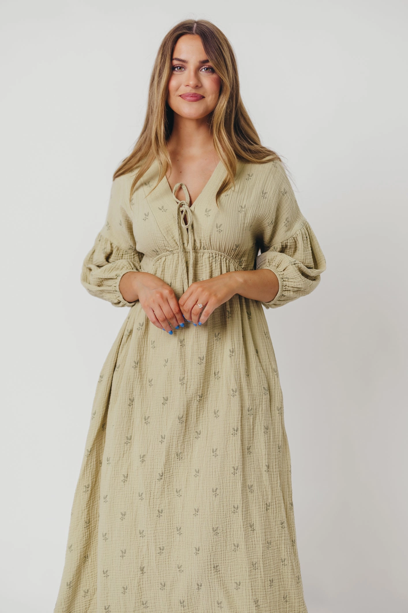 Hunter 100% Cotton Gauze Midi Dress in Thyme/Sage Foliage - Bump Friendly & Inclusive Sizing (XS-3XL)