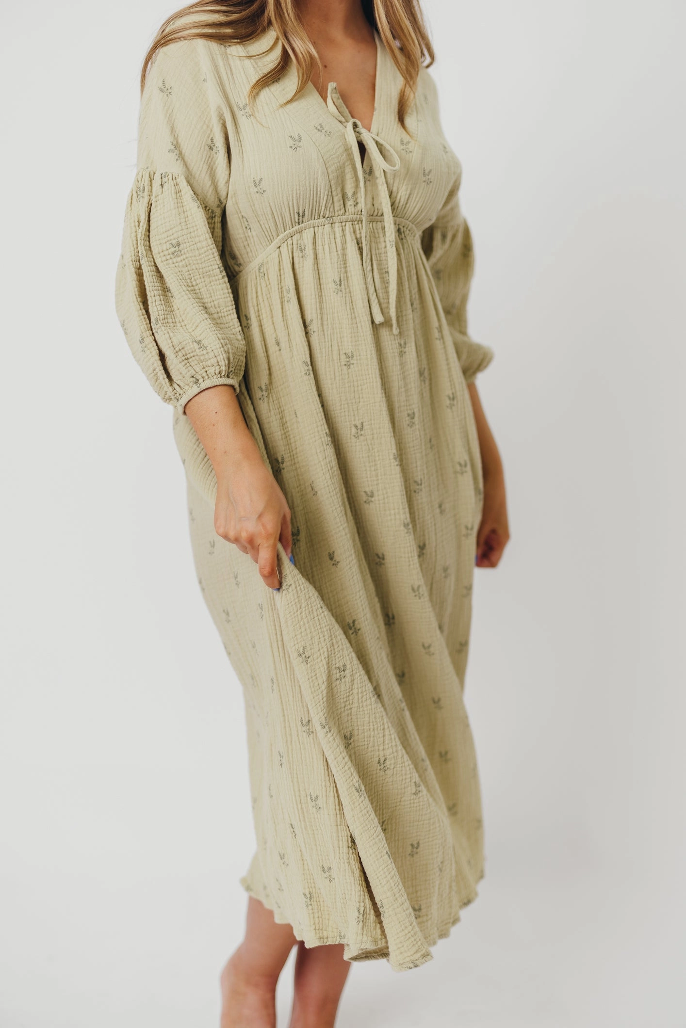 Hunter 100% Cotton Gauze Midi Dress in Thyme/Sage Foliage - Bump Friendly & Inclusive Sizing (XS-3XL)