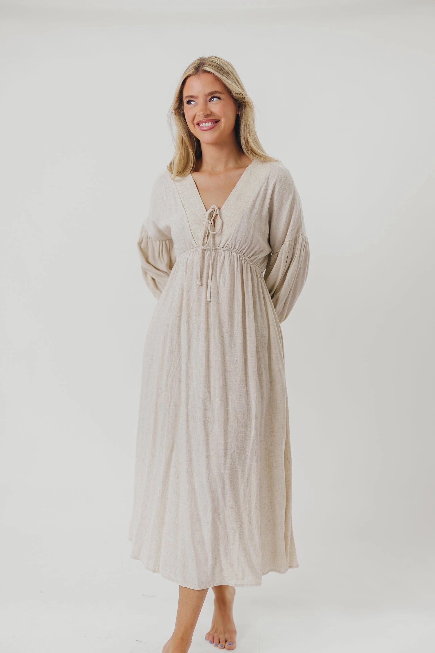 Hunter Linen-Blend Midi Dress in Greige - Bump Friendly *9/22 PRE-ORDER*