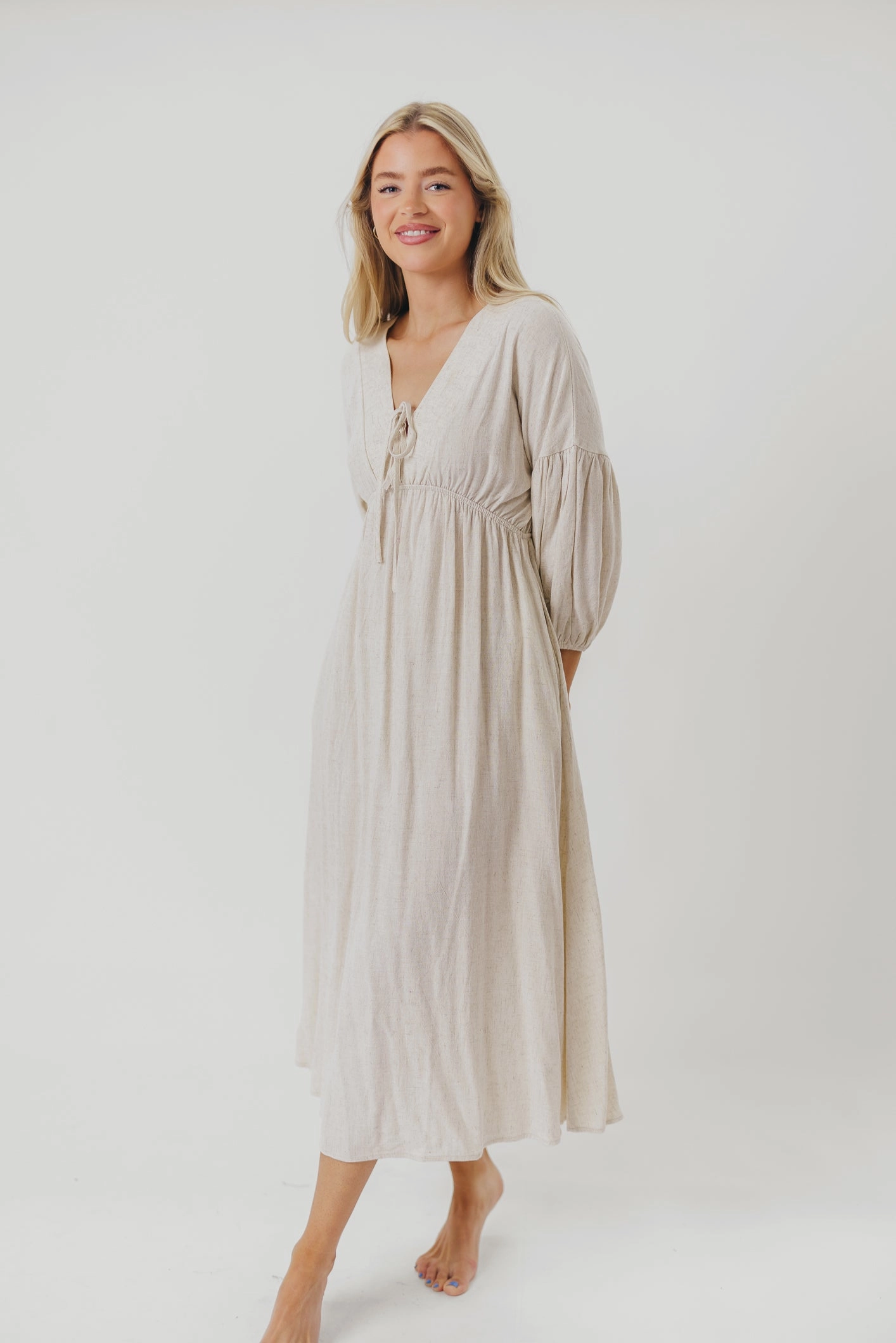 Hunter Linen-Blend Midi Dress in Greige - Bump Friendly *9/22 PRE-ORDER*