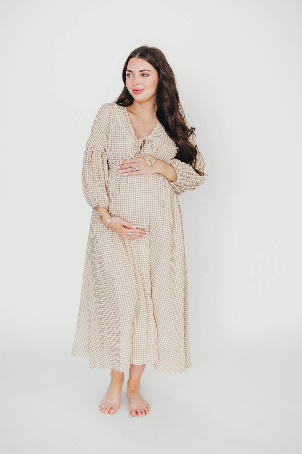 Hunter Printed Gauze Midi Dress in Natural Plaid - Bump Friendly