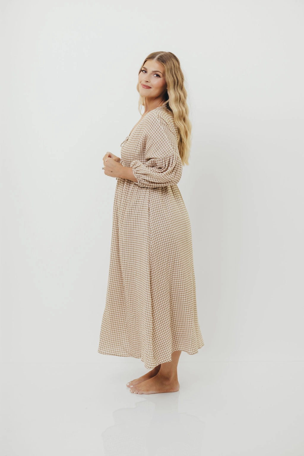 Hunter Printed Gauze Midi Dress in Natural Plaid - Bump Friendly