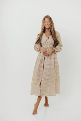 Hunter Printed Gauze Midi Dress in Natural Plaid - Bump Friendly Hunter Printed Gauze Midi Dress in Natural Plaid - Bump Friendly