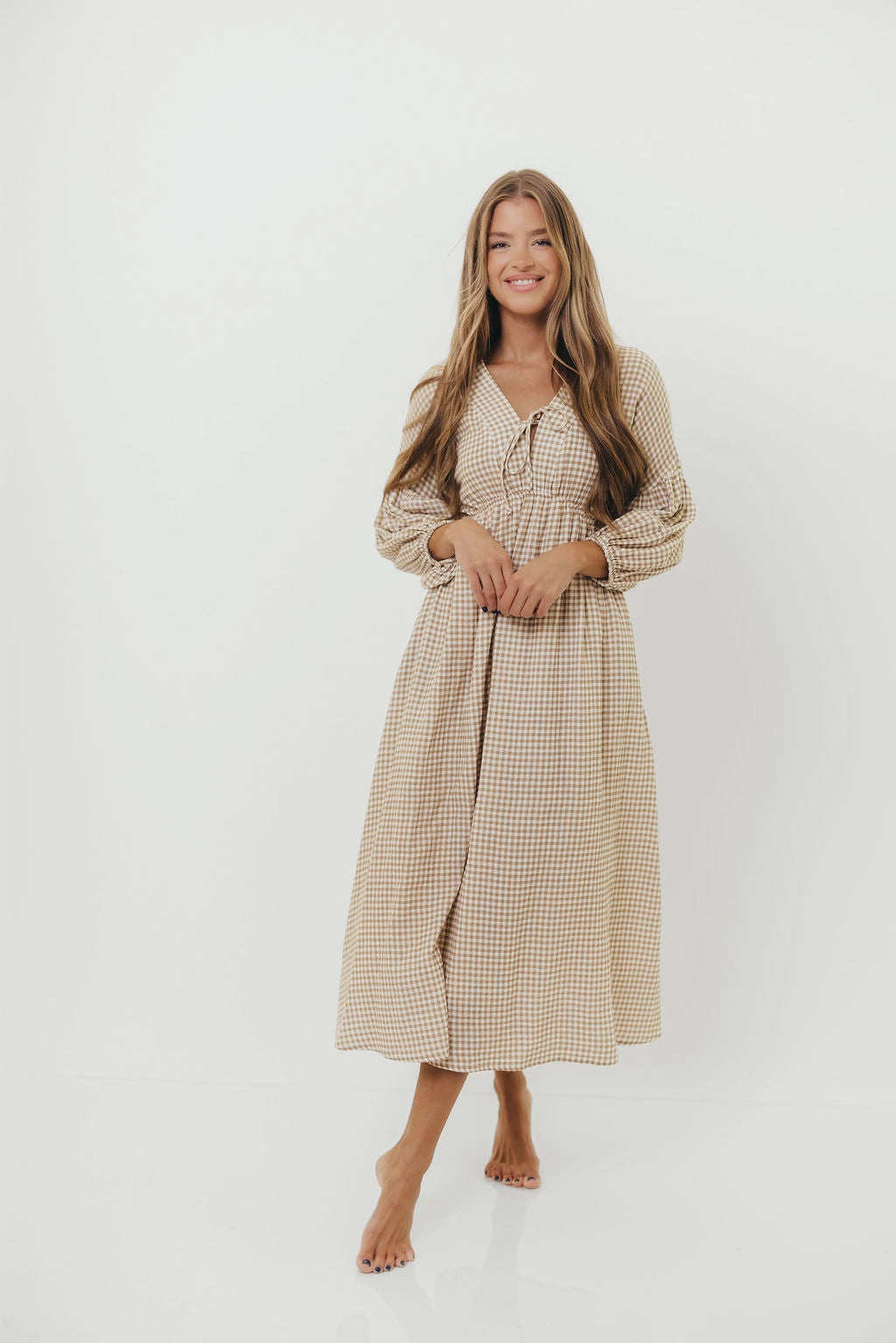 Hunter Printed Gauze Midi Dress in Natural Plaid - Bump Friendly