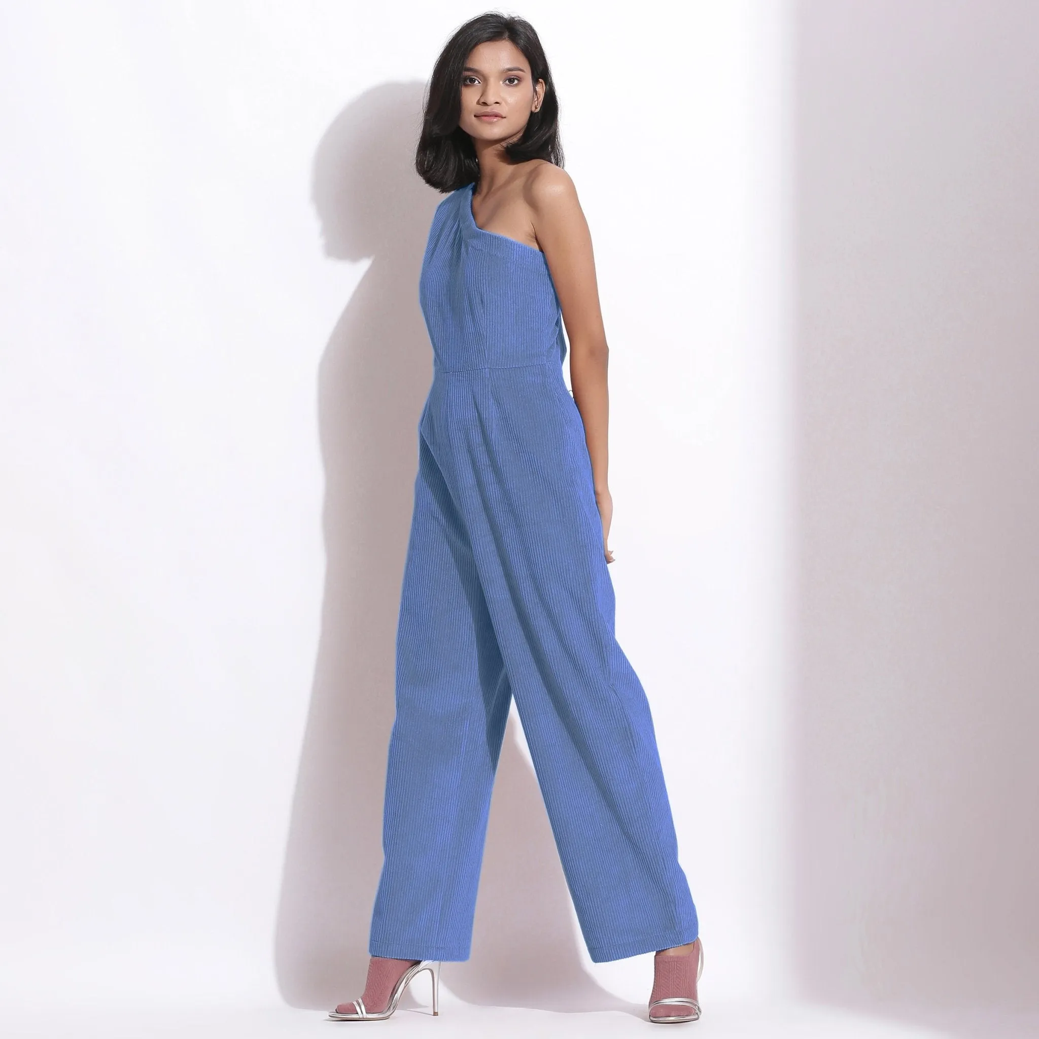 Ice Blue Warm Cotton Corduroy One-Shoulder Jumpsuit