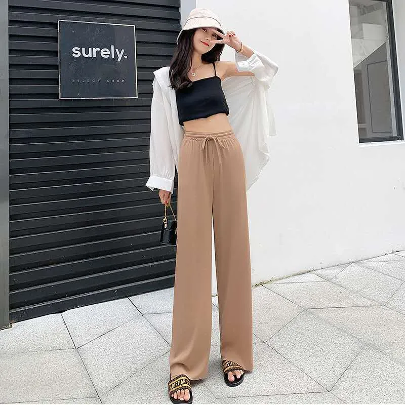 Ice Silk Wide Leg Pants Women Plus Size High Waist Straight Floor Length Long Korean Trendy Casual Pants