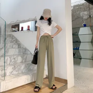 Ice Silk Wide Leg Pants Women Plus Size High Waist Straight Floor Length Long Korean Trendy Casual Pants